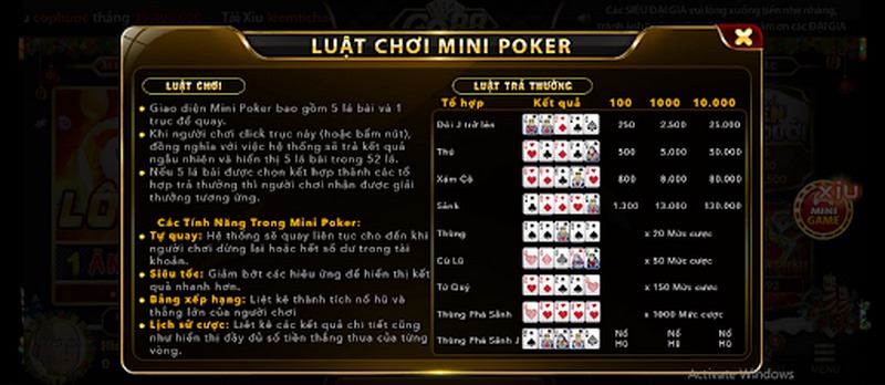 Tỷ lệ thưởng của Mini Poker tại Go88 rất hấp dẫn